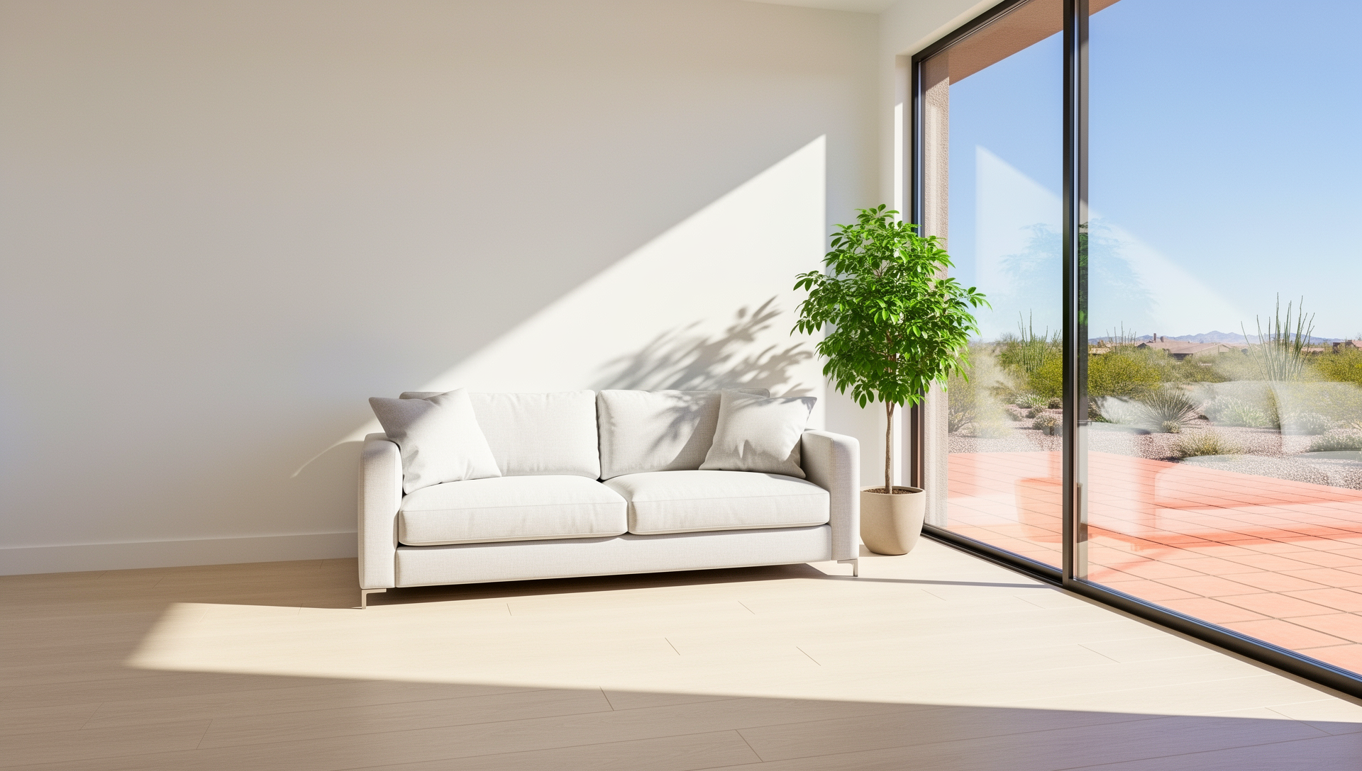 A bright, sunlit Phoenix living room with cool, clean air and a green plant by the window