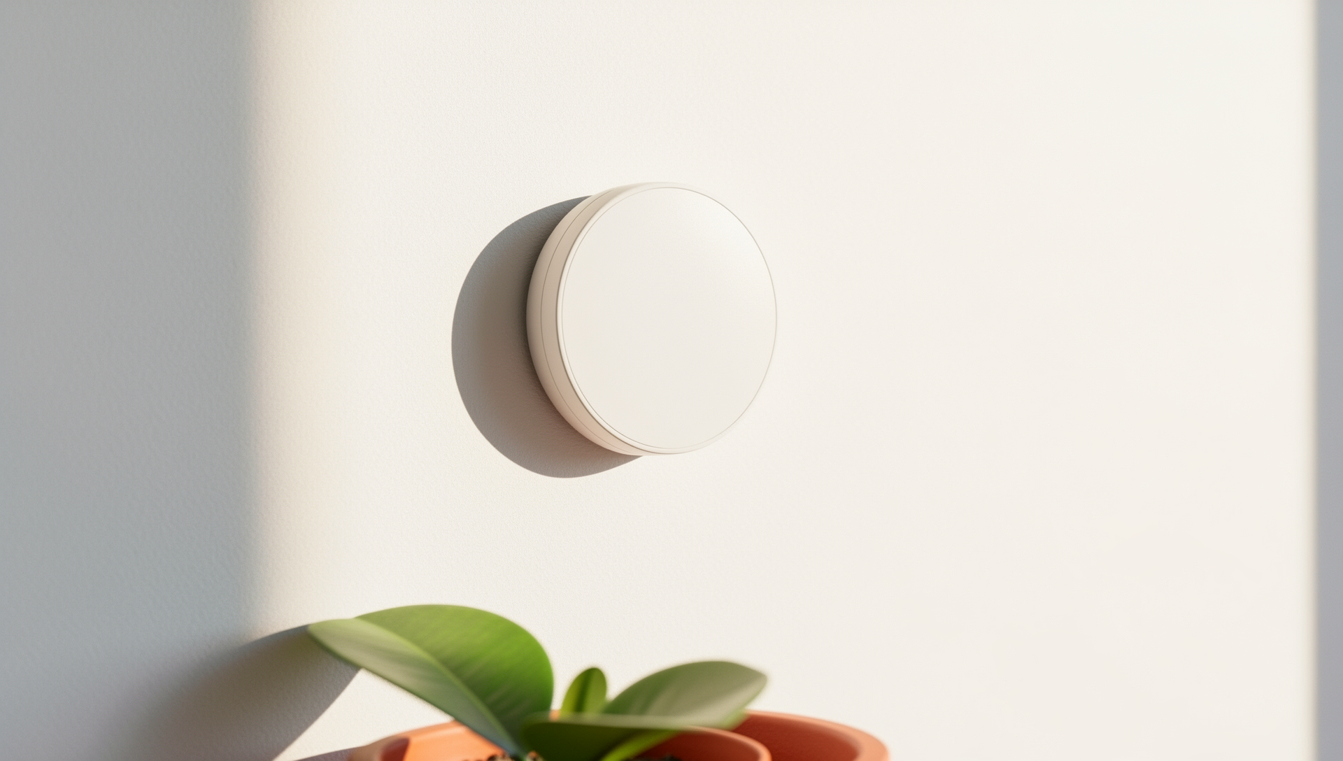 A modern thermostat on a clean white wall in soft daylight